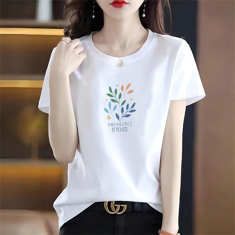 White Short Sleeved T-shirt for Women, Loose Printed T-shirt for Upper Garment