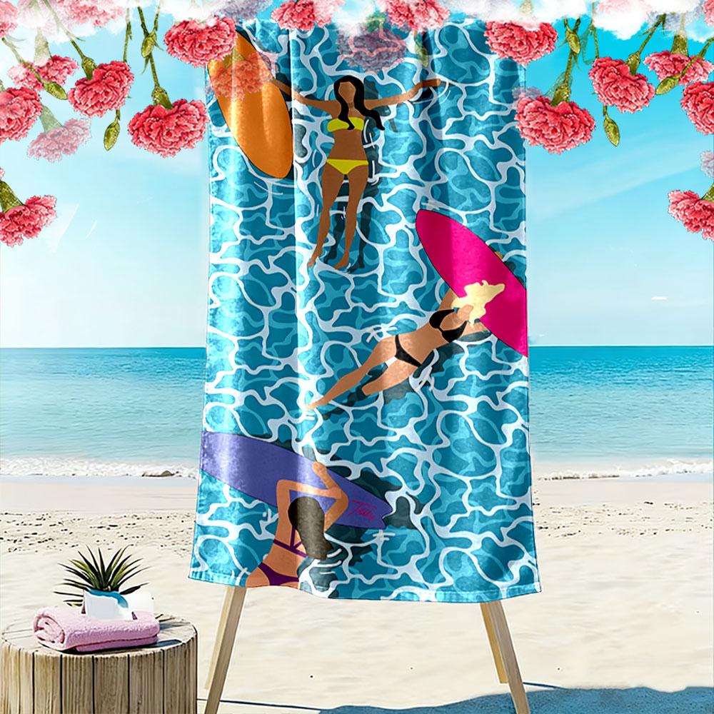 Surfing Women On Blue Waves Beach Towel Quick-drying for Travel Outdoor Sports Jogging Beach and Swimming