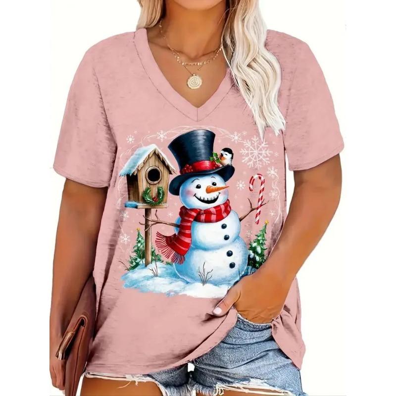 Summer Ladies Christmas 3D Printed V-Neck T-Shirt Fashion Versatile Trend Breathable Casual