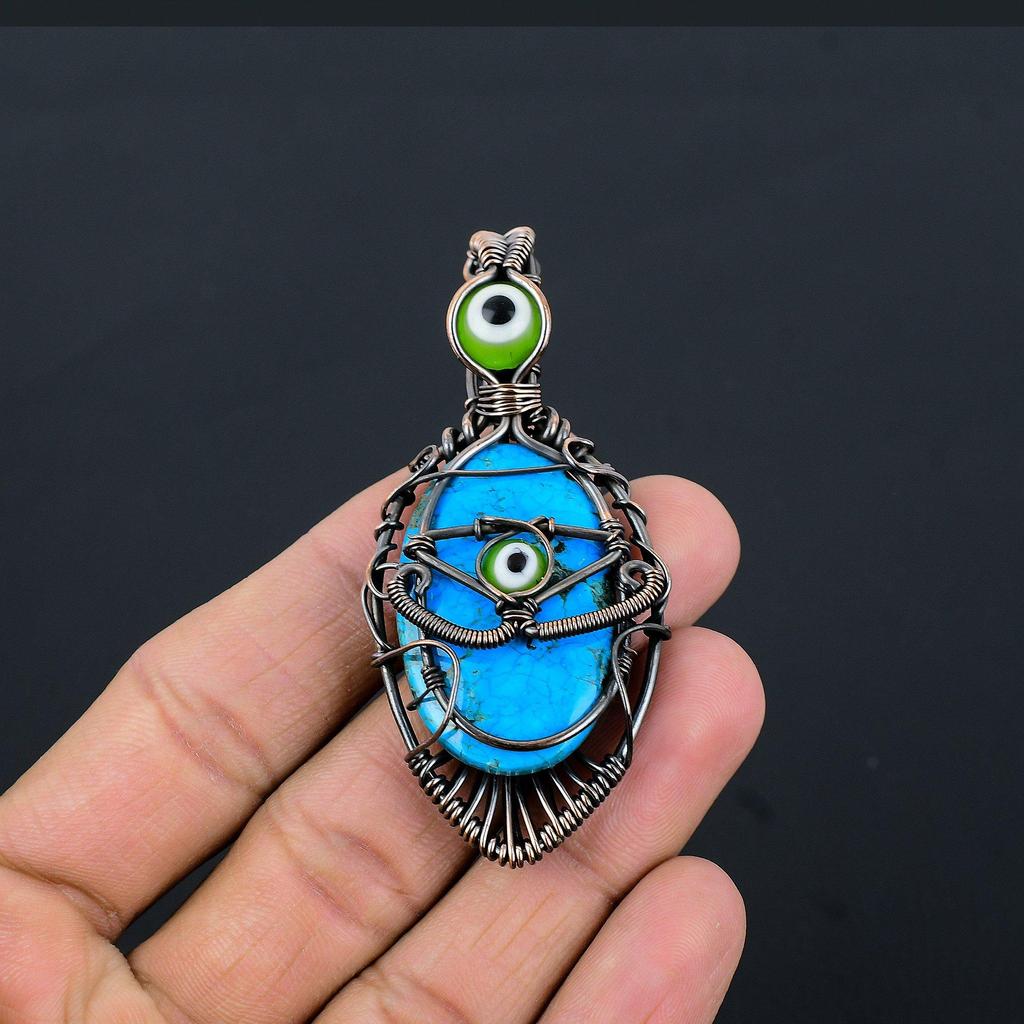 Tibetan Turquoise & Green Evil Eye Pendant, 999 Copper Wire Wrapped Gemstone Jewelry, Handmade Pendant, For Thanksgiving