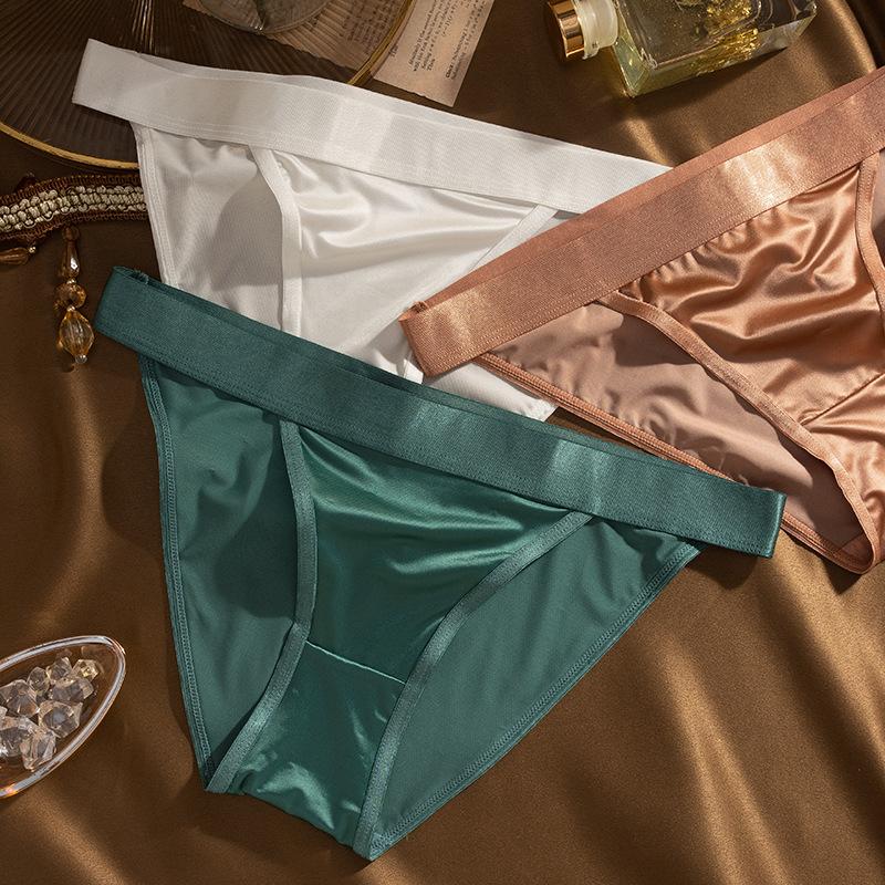 Plus Size Women's Summer Sexy Ribbon Solid Color Satin Ice Silk Non Mark Low Waist Triangle Briefs