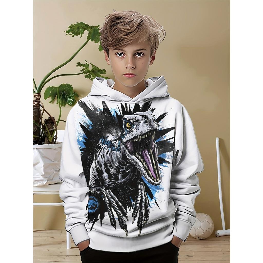 Boy Dinosaur Hoodie with Tyrannosaurus Rex and Velociraptor Patterns - Durable Digital Dinosaur Pattern