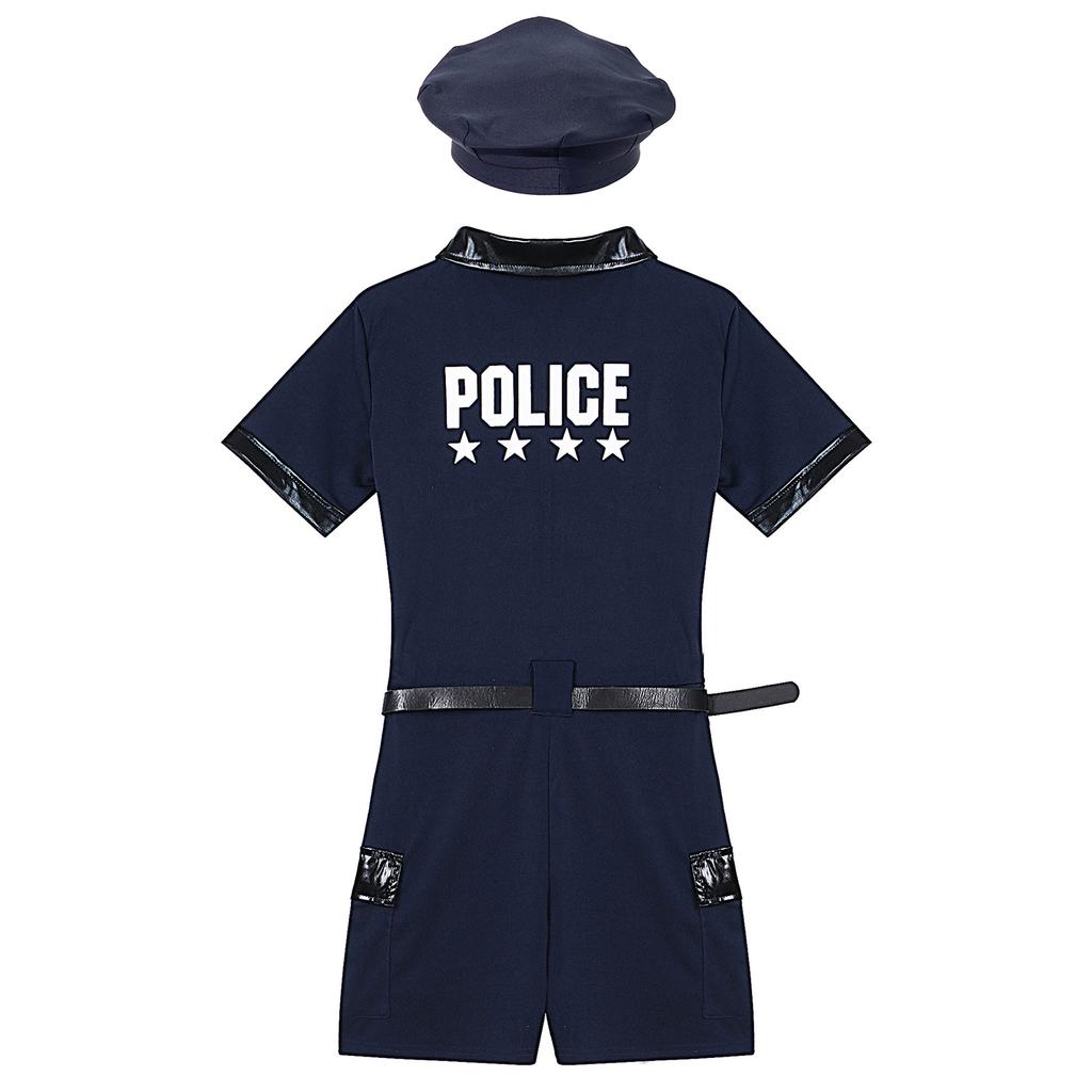 S-4XL 4Pcs Women Cop Outfits Policewoman Role Play Costume - Zipper Short Sleeve Jumpsuit with Belt, Purse, Hat Lingerie Uniform