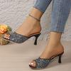 Large size square head high heel cool slippers women's new sexy thin heel rhinestone open toe sandals