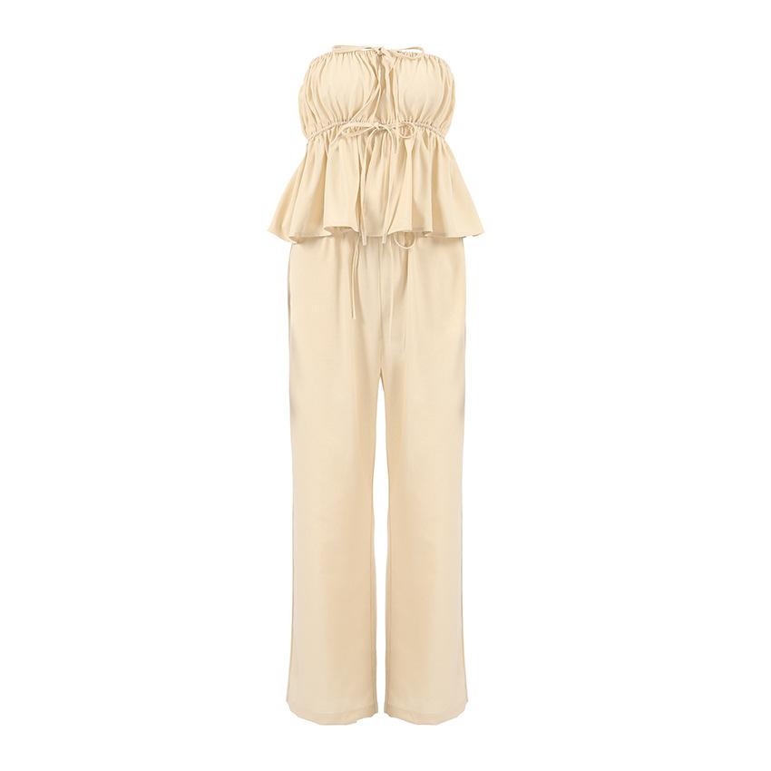Khaki cotton and linen tube top strap-up loose trousers casual suit 1116 European and American spring and summer fashion new two-piece set