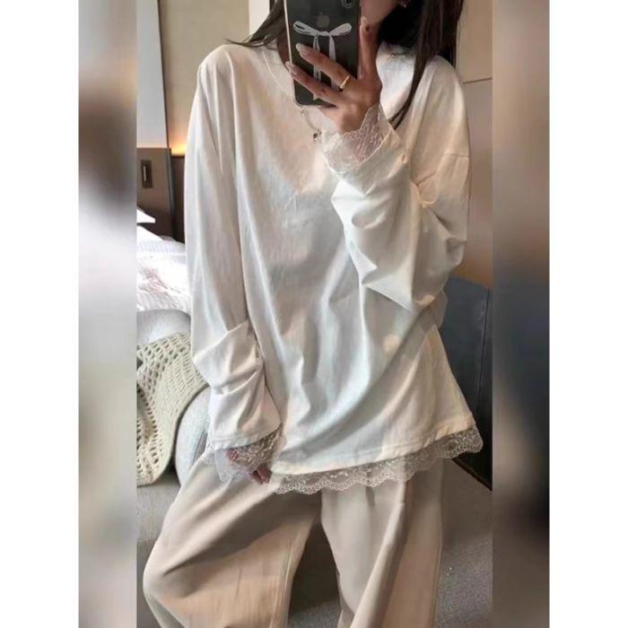 

Женская футболка с длинным рукавом, из двух частей, с белой кружевной отделкой - Корейский стиль, свободный крой, для весны и осени Large белый