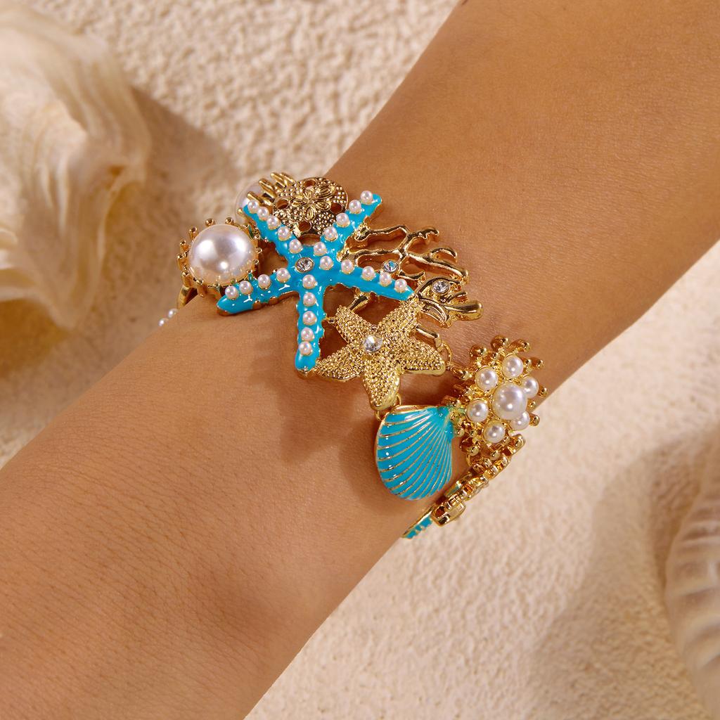 Boho Übertriebener Metall Seestern Muschel Perlen Halskette für Frauen Ozean Koralle Kammmuschel Anhänger Halskette Sommer Strand Schmuck Geschenk