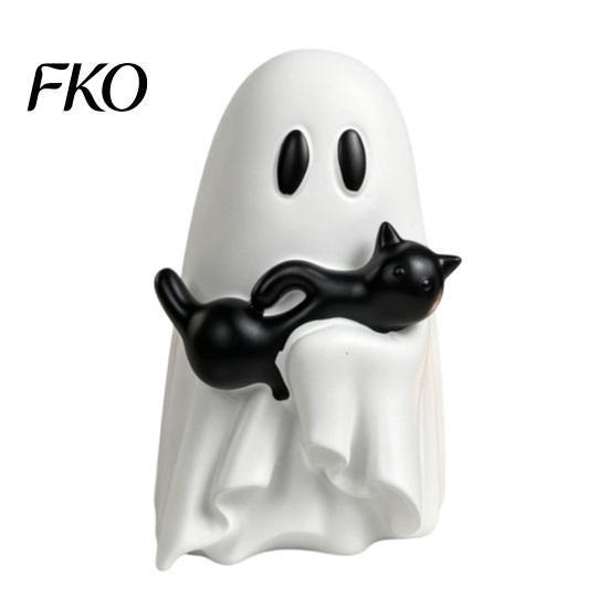 Miniature Ghost And Cat Craft Halloween Ornament, Hugging A Black Sculpture, Whimsical Figurine Resin Unique Figurine, for Home Bedroom Entrance