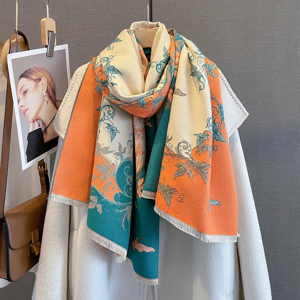 Autumn and winter new contrasting color butterfly printing scarf three-color splicing retro pattern design warm and fashionable outer shawl