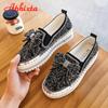 Fashion Aphixta Fashion Big Size 42 43 Flats Women Leather Loafers Flat Platform Wine Red Shoes Crystal Sequined Bow Casual Shoes
