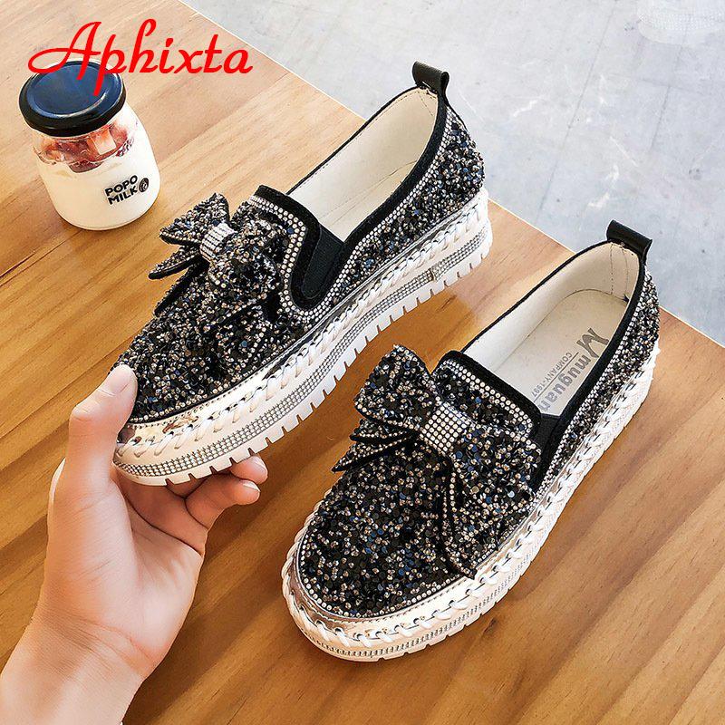 Fashion Aphixta Fashion Big Size 42 43 Flats Women Leather Loafers Flat Platform Wine Red Shoes Crystal Sequined Bow Casual Shoes