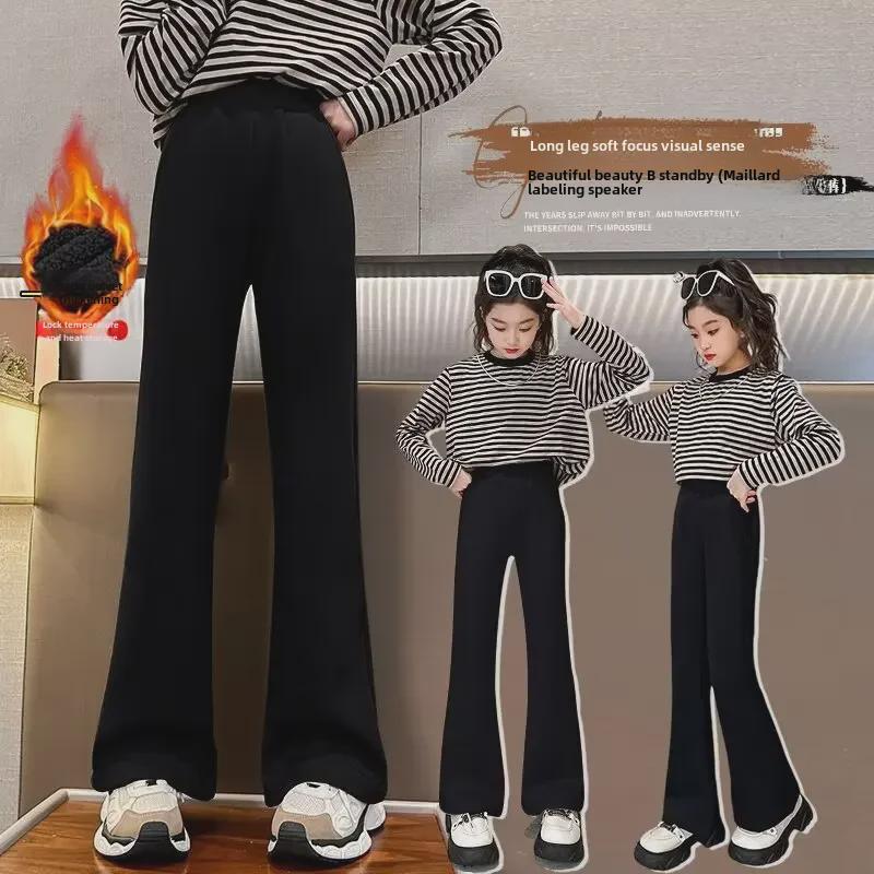 2024 Girls' Thick Plush Bell-bottom Winter Pants - Black All-Match Trendy Sportswear