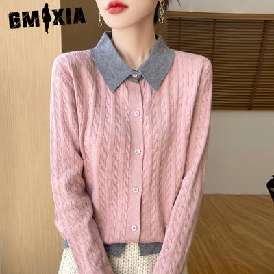 Spliced Lapel Fake Two Knitted Cardigan Women Spring and Autumn Loose Twist Sweater Coat Top