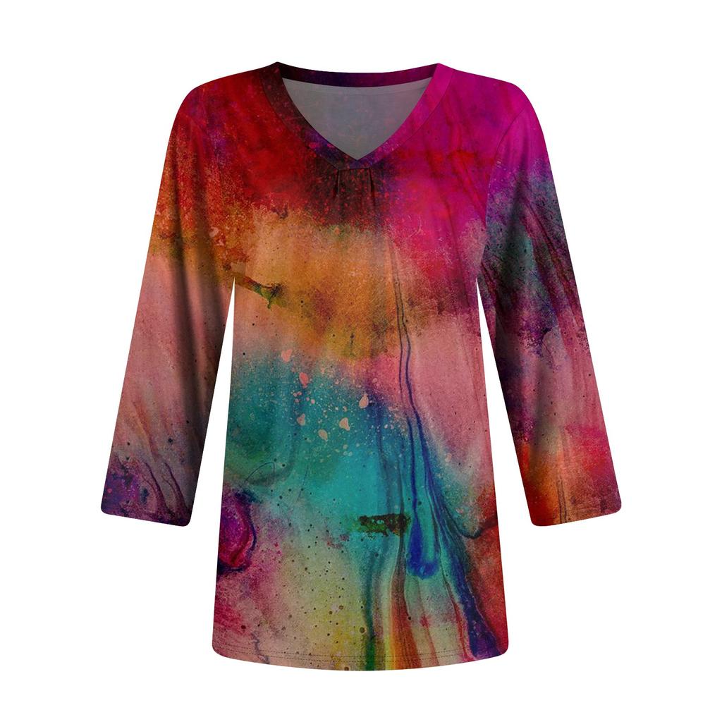 Women's Casual V-neck Gradient Print Three-quarter Sleeve Fashion Top