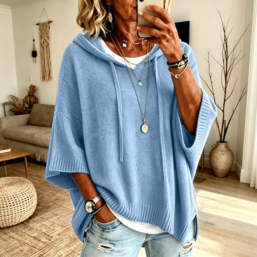 Maglione da Donna Colorato con Cappuccio e Coulisse, Maniche a Tre Quarti, Vestibilità Larga, Top Casual