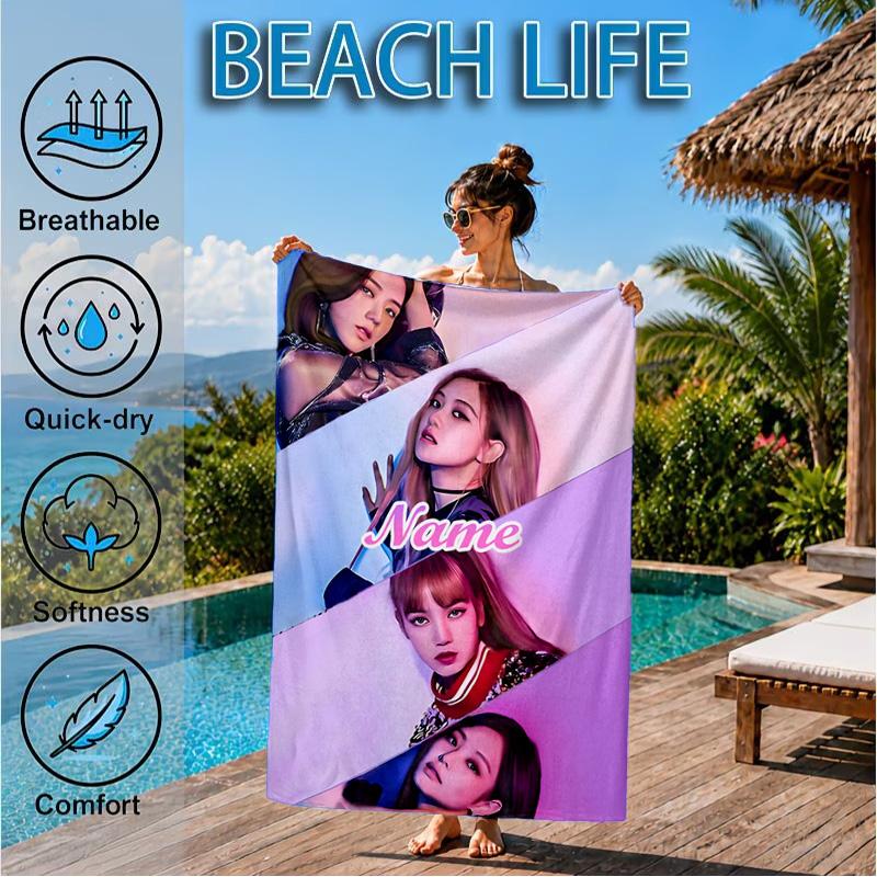 Custom Name Kpop Group Fashion Beach Towel Microfiber Beach Towel, Lightweight and Quick-Dry, for Summer Travel, Swimming Pool Gift