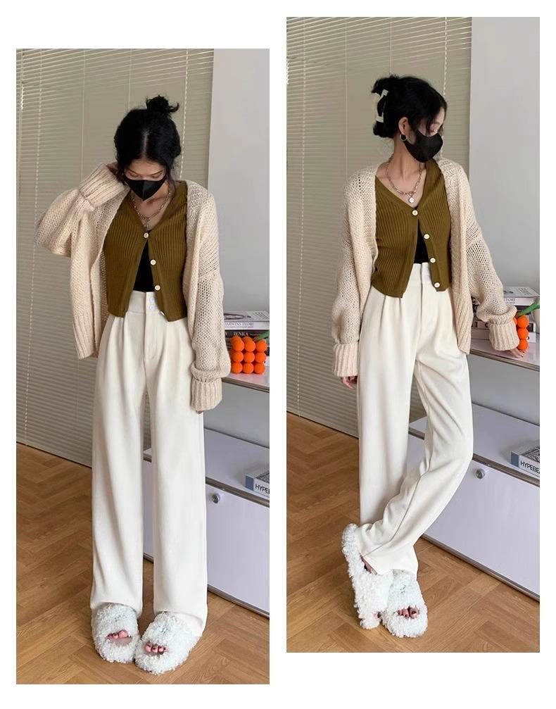 Petite Women's Black Fleece-Lined High-Waisted Wide-Leg Pants for Fall/Winter