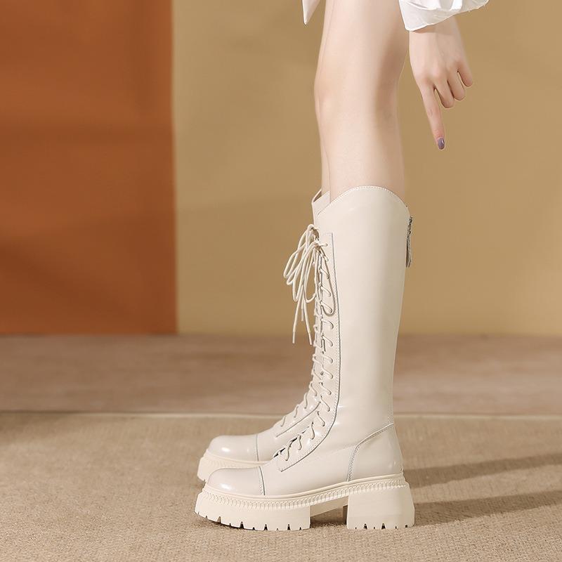 Weiße Stiefel Damen Winter neue Plateau-Ritterstiefel dicker Absatz Schnürstiefel Damenstiefel vielseitige Damenschuhe