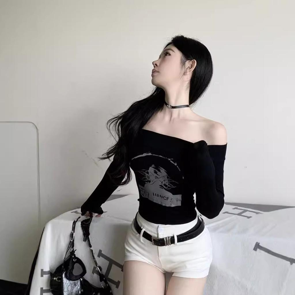 White American Spice Girl Printed Shoulder Slim Skinny Long Sleeve T-Shirt Women's Shoulder Skinny Bottom Short Top