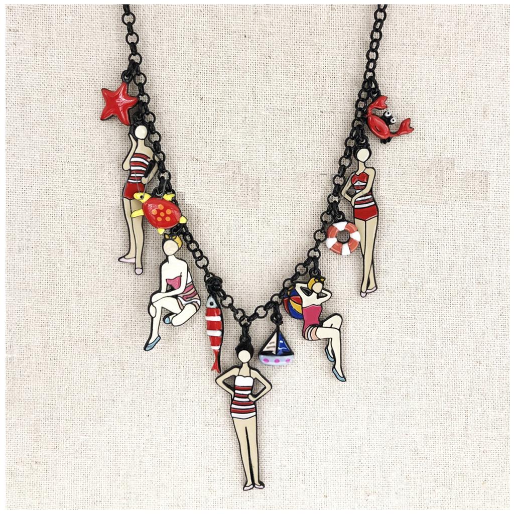 Les Trésors De Lily [R6117] - Collier créateur 'Lilipoupettes' (baigneuses) rouge beige - 50x17 mm