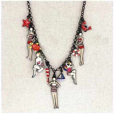[R6117] - Designer Necklace 'Lilipoupettes' (bathers) Beige Red - 50x17 Mm