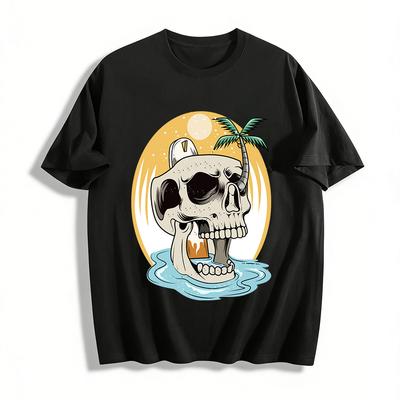 Vintage Island Skull Surf Print Short Sleeve T-Shirt Pure Cotton T-shirt