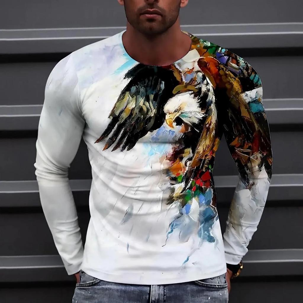 2023 Autumn Plus Size O-Neck Long Sleeve T-shirt Men's Clothing Men's T-shirt 3D Animal Print Top Casual Street Vintage T-shirt