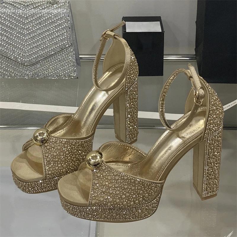 Fashion Women Party High Heels High-quality Sexy Pearl Buckle Strap Women Sandals Street Style Platform Square Toe Stripper Summer Shoes