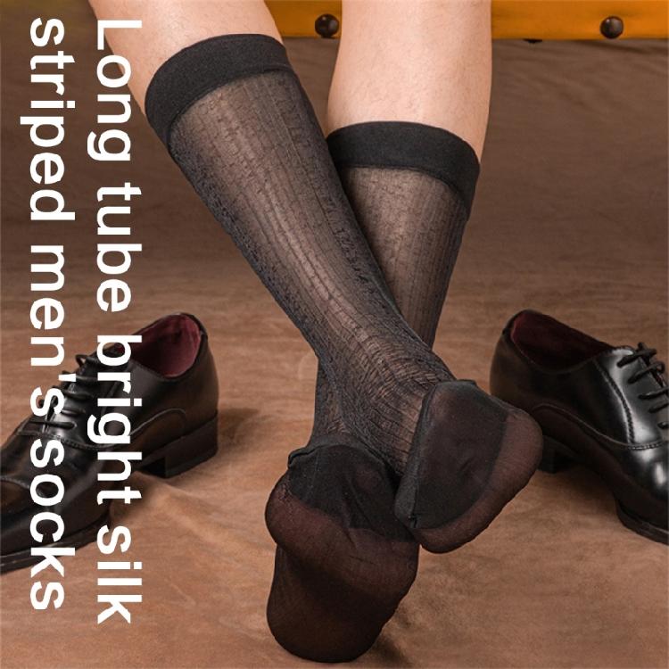 Mens Thin Sheer Silk Formal Dress Suit Socks Casual Business Socks Nylon Breathable Glossy Striped Long Calf Socks