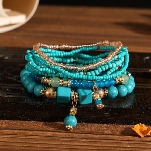 European American Fashion Bohemian Layered Beaded Bracelets Elastic Ethnic Bracelets for Women Female Bangle Bracelet