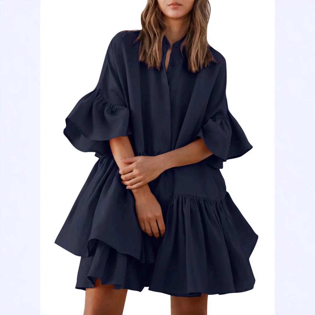 Sommer Einfarbiges Sonnenkleid Sexy Bindevorderteil Elastische Taille Gestuftes Rüschen-Layer Blumen Ballon Langarm Lockeres Kleid