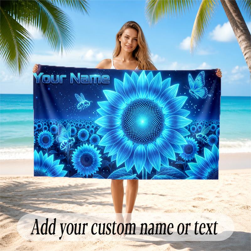 Floral Garden Theme Quick Dry Beach Towel Custom Name Text Print Large Sand Resistant Towel Beach Vacation