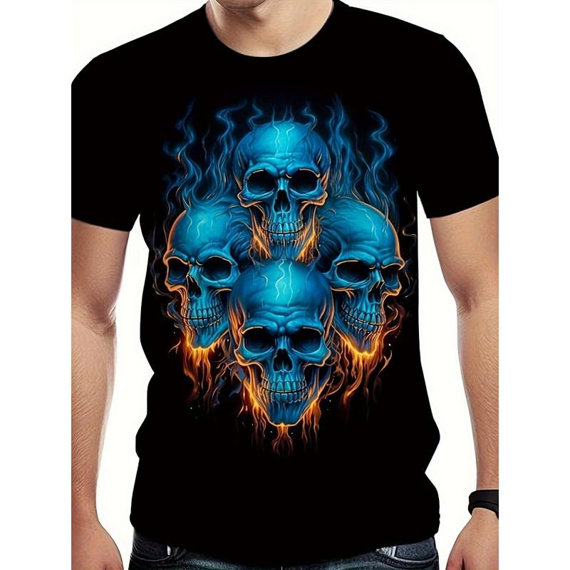 Local1pc Men'S 3D Printed Skull Graphic T-Shirt - Black with Blue & Orange Flame Design, Cotton Regular Fit Short Sleeve Casual Tee for Casual
