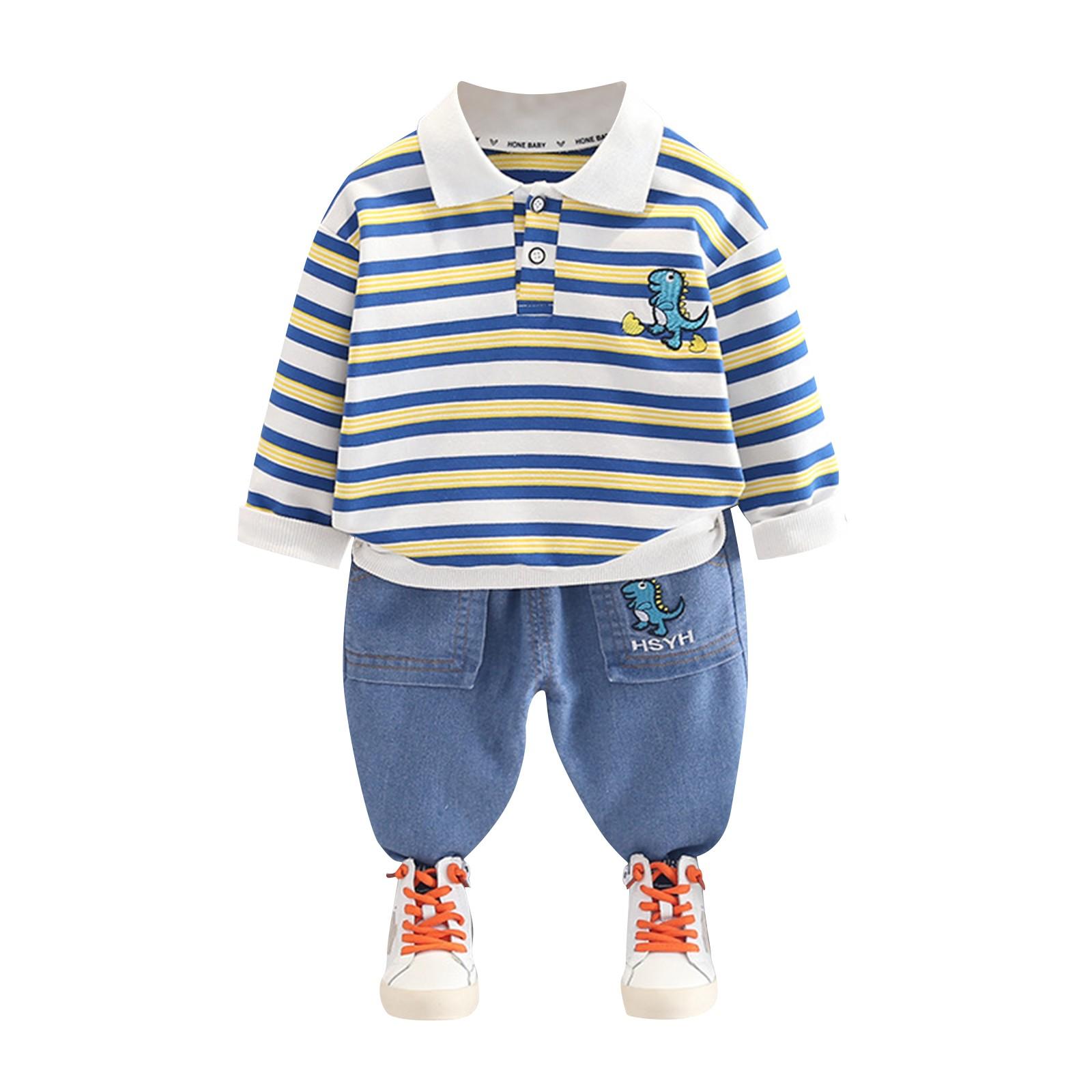 

Boys Striped Cartoon Lapel Casual Shirt Long Sleeved Set, Handsome Two-piece Set