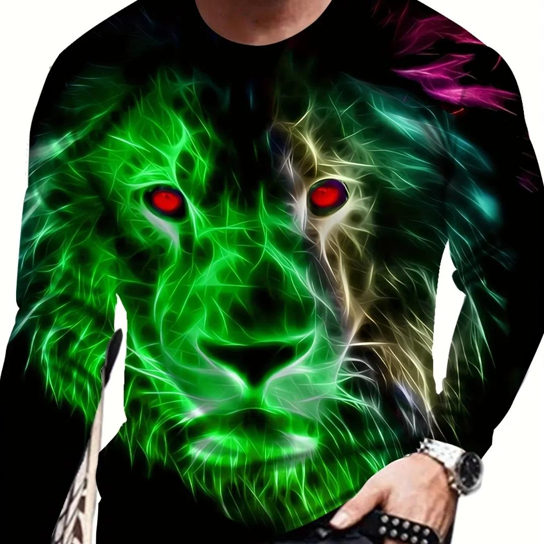

Мужская осенняя футболка с длинным рукавом и принтом льва, пуловер, удобная уличная повседневная рубашка, низ, верх, большие размеры XL
