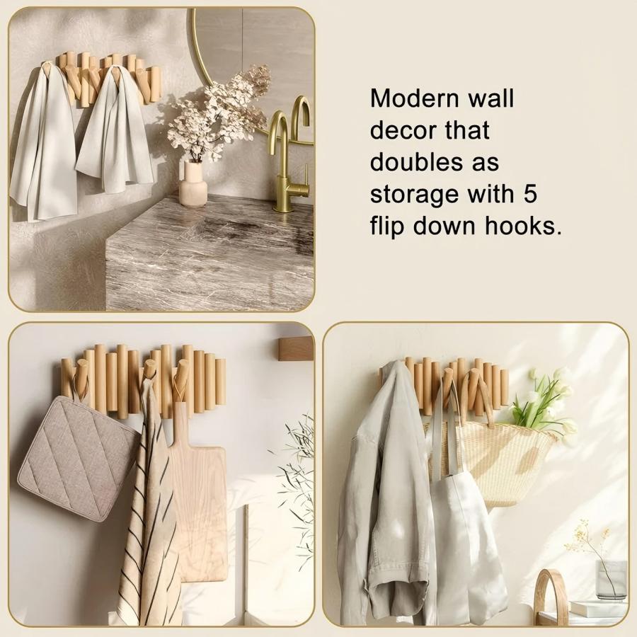 Wall-Mounted Coat Rack Rail Hook with 5 Retractable Wood Pegs – Modern, Space-Saving Storage Organizer,Aged Walnut