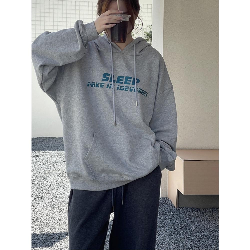 Kadın Kadife Kapüşonlu Sweatshirt Sonbahar ve Kış Yeni Bol Harf Baskılı Koreli Öğrenci Uzun Kollu Üst