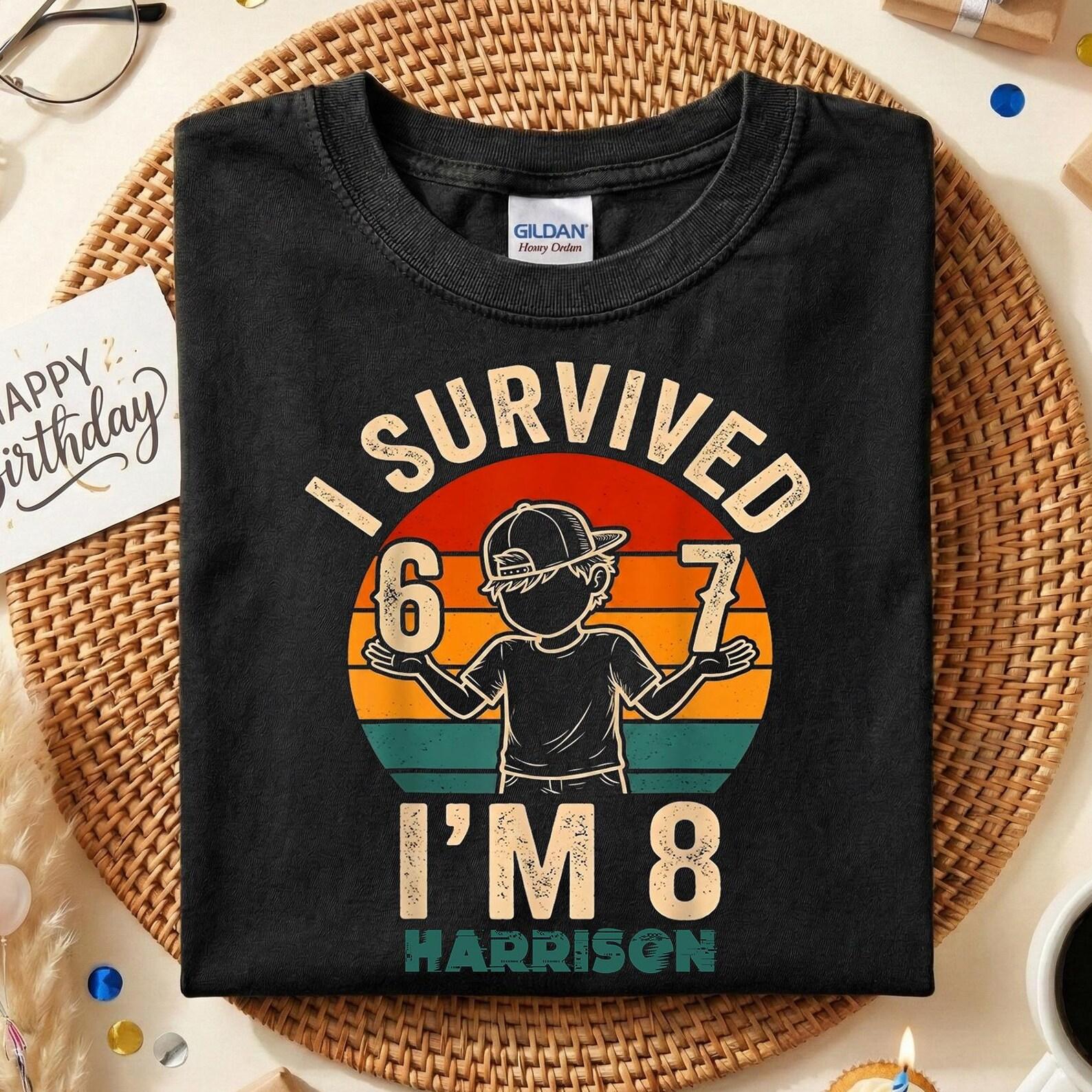 Personalized I Survived 67 Now I m 8 Birthday T-Shirt, Retro 8th Birthday Shirt, Vintage Cool Boy Birthday Tee, Eight Years Old Gift 150