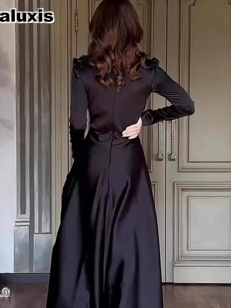 Summer New Arrivals Solid Long Sleeve Slim Fit Lace Trim Vintage Elegant Dress Formal Gown
