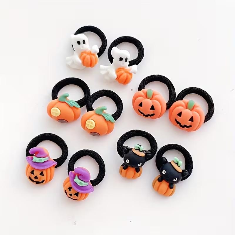 10 Stück Süßes Halloween Haargummis Set für Mädchen – Verspielte Kürbis-, Geist- und Fledermaus-Katzen-Designs, Perfektes Halloween-Geschenk für Mädchen