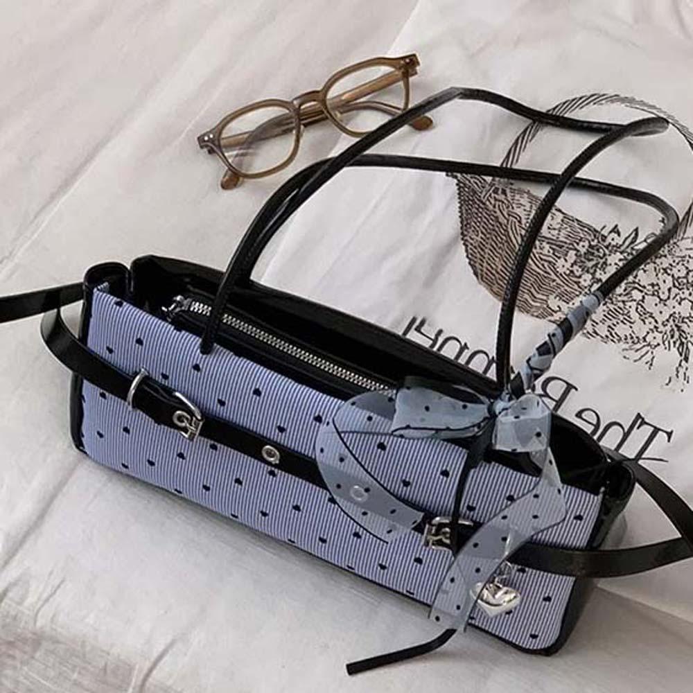 Sweet Blue Shoulder Bag Canvas Stripe Heart Underarm Bags All-match French Stick Handbag  School