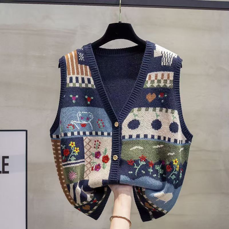 Bear Cartoon Jacquard V Neck Knitted Vest Sweater Women Autumn Winter Outwear Loose Sleeveless Sweater Cardigan Fashion Y2k Tops