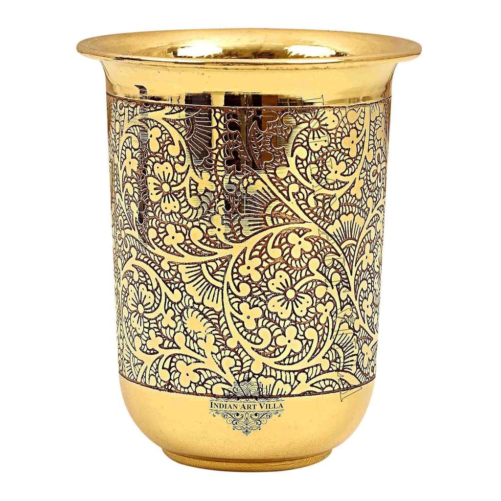 Pure Brass Glass Tumbler with Floral Vines Design, for Drinking Serving Water, Yoga & Ayurveda, Volume-280 ML, 1 Piece