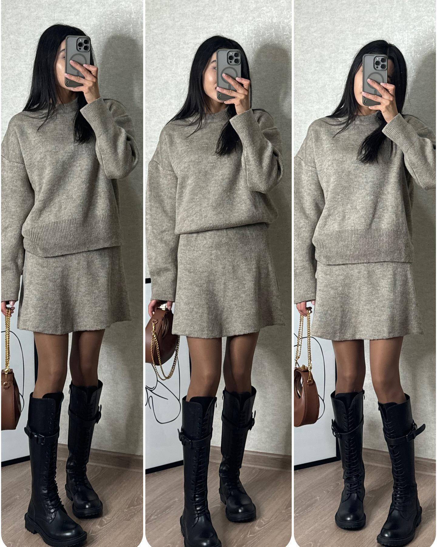 

Осенний повседневный вязаный комплект и юбка для женщин, однотонный, европейский и американский стиль Extra Small