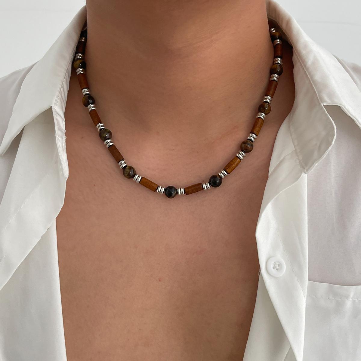 

SHIXIN Smooth Tiger Eye Stone Wood Bead Choker Necklace for Men Retro Adjustable Short Necklace Fashion Male Jewelry on the Neck коричневый