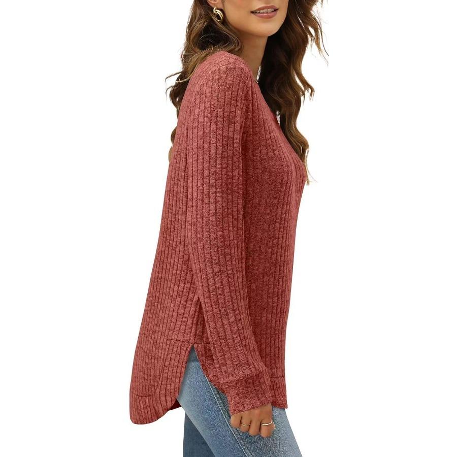 Autumn Winter Square Neck Stretch Rib Knit Top Solid Color Long Sleeve Loose T-shirt
