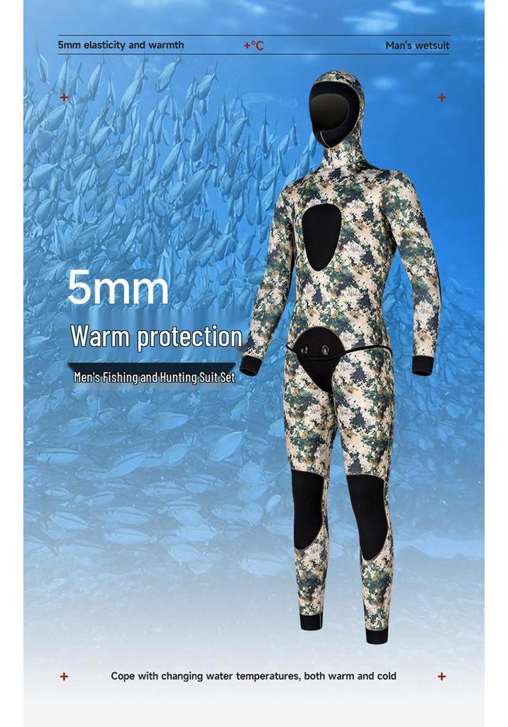 5mm Thermal Light Skin Diving Suit with Hood for Winter Swimming, Deep Diving, Surfing, Fishing, and Hunting.