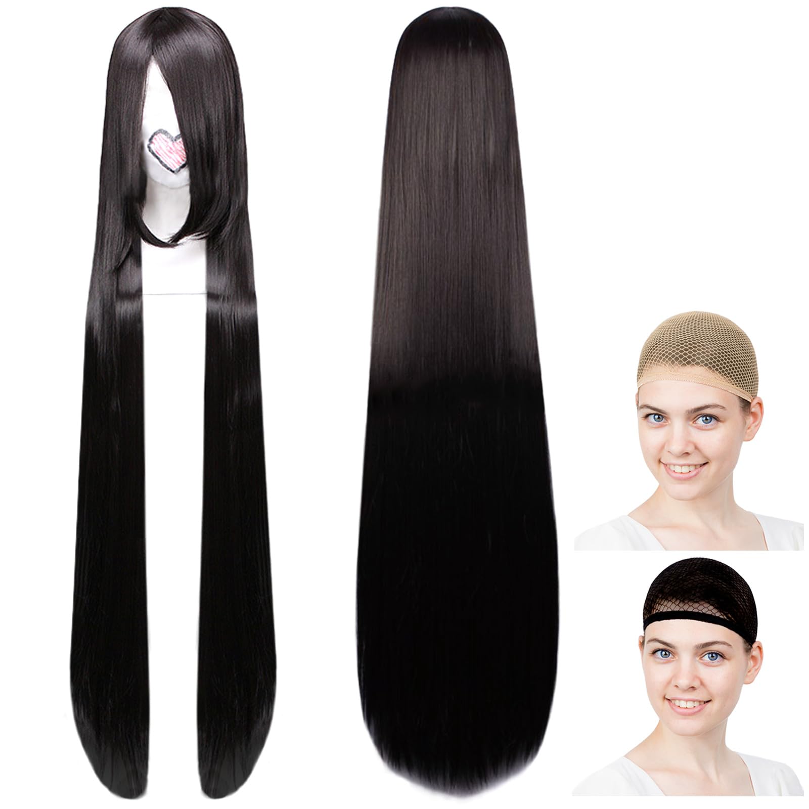 Парик Eden Cosplay, Длинные волосы, 120 см, Термостойкий, Черные волосы, Включает 2 сетки для парика