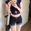 Spicy Girl Retro Deep Blue Cuffed Women's Denim Shorts - 2025 Summer Slim Fit