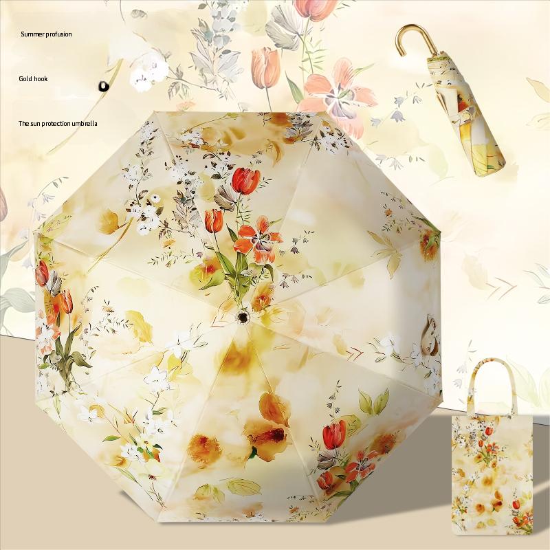French Oil Painting Three-Fold Small Gold Hook Parasol Protection Against Ultraviolet Women'S Rainy Umbrella Sun Umbrella Small